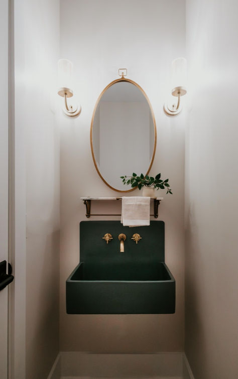 Featuring our San Francisco bucket sink wall-mounted in the shade Kale. This vintage inspired design with a modern twist is the perfect addition to any small powder room design, primary bathroom design, or laundry room/mud room design. Available in 17 different colors. Carefully handcrafted concrete in Nevada, USA. Mini San Francisco Sink, Traditional Modern Powder Room, Small Powder Room Vanity, Tiny Half Bathroom Ideas, Small Powder Room Design, Powder Room Vanity Ideas, Primary Bathroom Design, Boston Brownstone, Tiny Half Bath