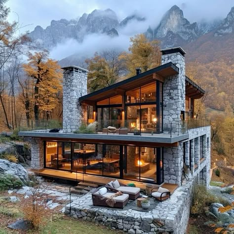 Architecture Glass House, Industrial House Exterior Architecture, Stone Glass House, Glass House Mountains, Glass Dome House, Stone And Glass House, Glass Front House, Wood And Glass House, Mountain Resort Design