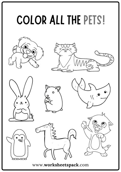 Color All the Pets Worksheet, Free Pet Animals Coloring Book PDF - Printable and Online Worksheets Pack Pet Themed Preschool Worksheets, Kinds Of Animals Worksheets, Pet Animals Activities, Pet Worksheets Preschool Free Printable, Pet Coloring Pages Free Printables, All About Pets Preschool Activities, Pet Animals Activity For Preschool, Pets Preschool Theme Free Printables, My Pets Worksheets For Kids