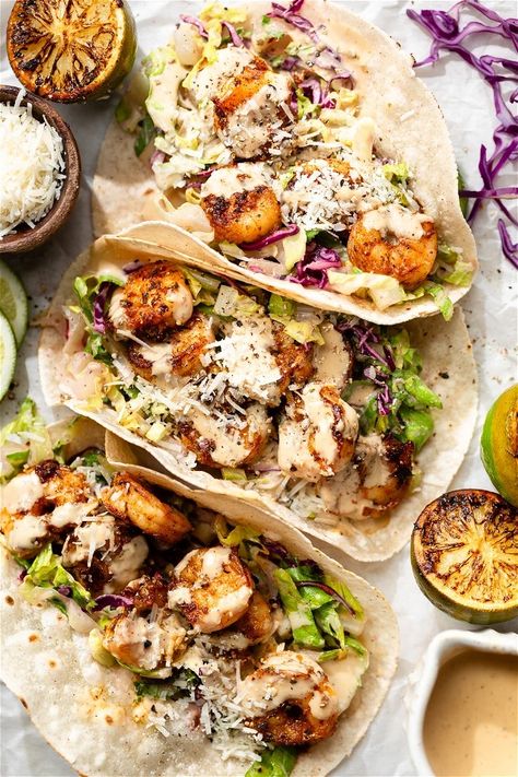 Blackened Shrimp Tacos with Caesar Slaw – SideDish What To Eat With Shrimp, Shrimp Tacos With Slaw, Blackened Shrimp Tacos, Slaw For Shrimp Tacos, Tacos With Slaw, The Defined Dish, Defined Dish, Blackened Shrimp, Food Dolls