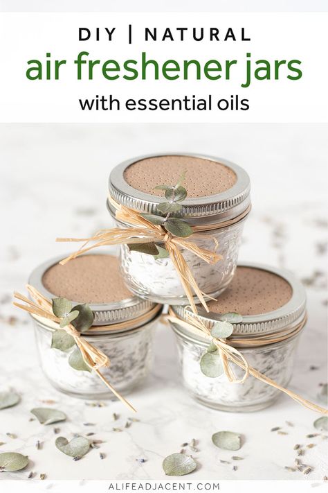 If you’ve ever opened your closets or clothing drawers to a less than pleasant scent, you will love these simple and natural DIY air freshener jars! Place one in your bathroom, car, closet, shoe cabinet or any other space in your home that’s prone to odors. Inexpensive and easy to make with baking soda and essential oils. Dried lavender buds, raffia ribbon and a sprig of eucalyptus add a touch of beauty. #alifeadjacent #essentialoils #homehacks Diy Bathroom Scents Air Freshener, Baking Soda Deodorizer, Diy Odor Absorber Baking Soda, Diy Laundry Deodorizer, Baking Soda Room Deodorizer, Bathroom Scents Air Freshener, Essential Oil Sachets Diy, Baking Soda Air Freshener Diy, Homemade Odor Eliminator