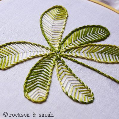 How to stitch leaves using the Closed Fly Stitch - Sarah's Hand Embroidery Tutorials Embroidery Designs Stiches, Fly Stitch Filling Design In Aari, Arrow Head Stitch Embroidery Designs, Stem Stitch Motif, Stem Stitch Embroidery Design Patterns, Leaf Stitch Design In Aari, Fly Stitch Embroidery Motifs, Sheaf Stitch Embroidery Design, Fly Stitch Aari Design