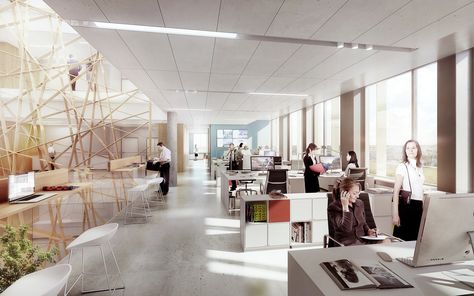 Arkitema Designs Municipal Office Building for Aarhus,Interior Rendered View. Image Courtesy of Arkitema Architects Office Rendering, Arkitema Architects, Perspective Angles, Interior Render, Rendering Interior, Office Floor Plan, Office Images, Modern Architecture Interior, Architects Office