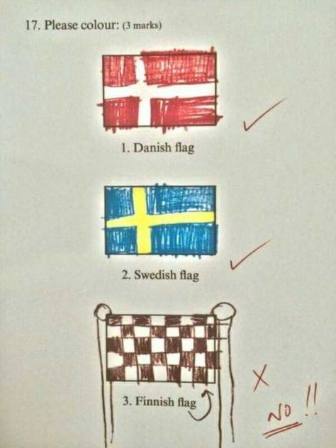 This child, who really should have got an extra point. | 22 Pictures That Perfectly Sum Up Kid Logic Funny Exam Answers, Funniest Kid Test Answers, Kids Test Answers, Finnish Flag, Funny Test Answers, Kid Logic, Swedish Flag, Funny Test, Exam Answer