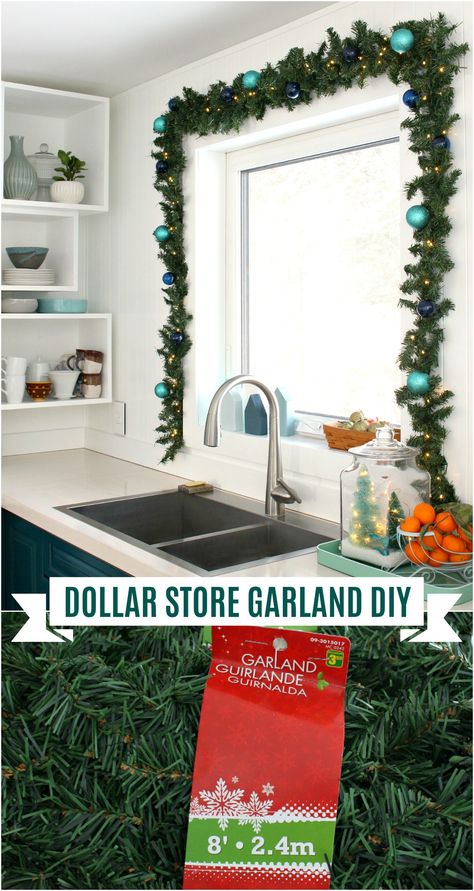 Dollar Store Garland DIY Ideas - How to Create Lighted Garland For Less! Budget-Friendly and Easy DIY Holiday Decor Ideas. Learn How to Hang Garland Around a Window. How to Make Inexpensive Dollar Store Garland Look Cute! Budget-Friendly Christmas Decor Ideas. #diychristmas #diygarland Natural Garland, Window Garland, Diy Christmas Decorations Dollar Store, Lighted Garland, Dollar Store Christmas Decor, Holiday Decor Ideas, Diy Christmas Garland, Garland Diy, Christmas Window Decorations