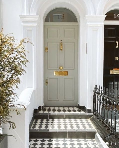 European Front Door Entrance, English Front Doors Entrance, Victorian House Front Door, Coloured Front Door White House, Victorian Front Door Colours, English Cottage Front Door, Townhouse Front Door, Front Door Colors With White House, Exterior Back Door