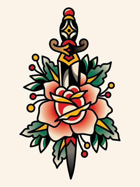 Traditional tattoo flash rose with knife. Vector illustration Rose And Knife, Rose Traditional Tattoo, Knife And Rose Tattoo, American Traditional Rose, Rose And Dagger Tattoo, Traditional Dagger Tattoo, Traditional Tattoo Stencils, Anniversary Tattoo, Rose And Dagger