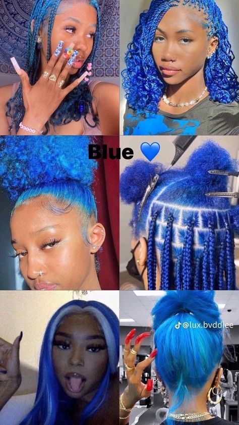 Blue Bob Hairstyles For Black Women, Black And Blue Hair Black Women, Medium Length Natural Hairstyles Curls, Blue Dyed Hair Black Women, Blue Natural Hair Black Women, Blue 4c Hair, Blue Braids Hairstyles, Teal Hair Black Women, Blue Hair On Black Women