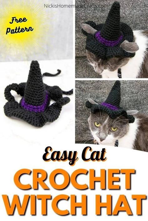 Easy Free Crochet Hat Pattern. This Cat's Witch Hat Crochet Pattern is easy to make with the single crochet stitch. The pattern uses 100% acrylic yarn from WeCrochet. It's the perfect weekend project for an advanced crochet beginner as a great crochet idea and as gifts. Crochet Christmas Cat Hat Free Pattern, Cat Beret Crochet Pattern Free, Crochet Pumpkin Cat Hat Pattern Free, Crochet Cat Christmas Hat, Crochet Cowboy Cat Hat Free Pattern, Crochet Cat Santa Hat Free Pattern, Cat Witch Hat Crochet Pattern Free, Hats For Cats Crochet Pattern, Crochet Cat Costume Free Pattern