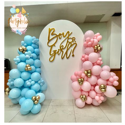 Gender Reveal Balloon Backdrop Ideas, Gender Reveal Blue And Pink Theme, Gender Reveal Balloon Backdrop, Gender Reveal Balloon Decor, Gender Reveal Ideas Backdrop, Pink And Blue Dress Gender Reveal, Gender Reveal Backdrop Ideas Outside, Gender Reveal Ideas Pink And Blue, Gender Reveal Photo Backdrop