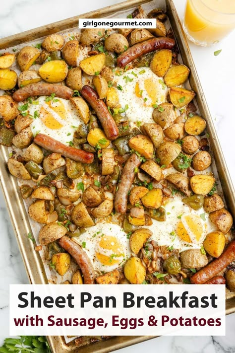 A complete breakfast cooked on one sheet pan is perfect for a weekend or holiday breakfast! This sheet pan breakfast, with sausage, seasoned potatoes, and eggs, is cooked on a baking sheet in the oven for easy serving and clean-up. Breakfast With Sausage, Sheet Pan Breakfast, Eggs And Potatoes, Potatoes And Eggs, Complete Breakfast, Best Egg Recipes, Breakfast Sides Dishes, Family Breakfast Recipes, Easy Egg Recipes