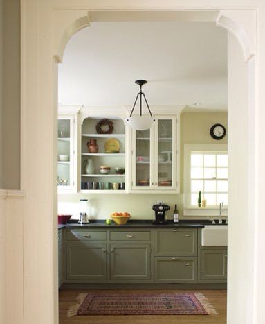 Kitchen Dark Lower Cabinets, White Upper Cabinets Dark Lower, Bungalow Kitchens, Modern Craftsman Kitchen, Dark Lower Cabinets, Craftsman Kitchens, White Upper Cabinets, Green Kitchens, Dark Counters