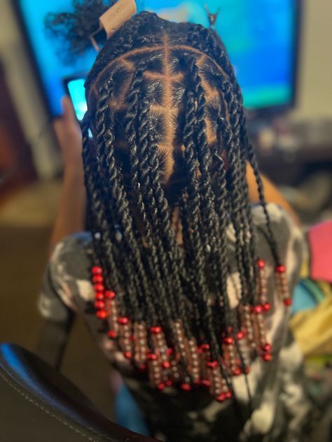 Beads With Twists, Simple Braids With Beads, Jumbo Twist With Beads, 2 Strand Twist With Beads, Kids Island Twist, Island Twist With Beads, Twist Braids With Beads, Twist And Beads, Kid Braid Styles With Beads