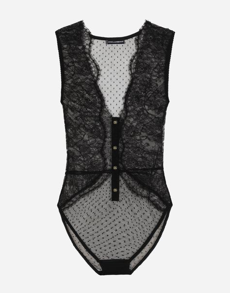 Lace bodysuit with plunging neckline in Black for Women | Dolce&Gabbana® Black Sleeveless Bodysuit, Silk Bodysuit, Elegant Lingerie, Black Lace Bodysuit, Shapewear Bodysuit, Bodysuit Black, Sleeveless Bodysuit, Dolce E Gabbana, Lace Bodysuit