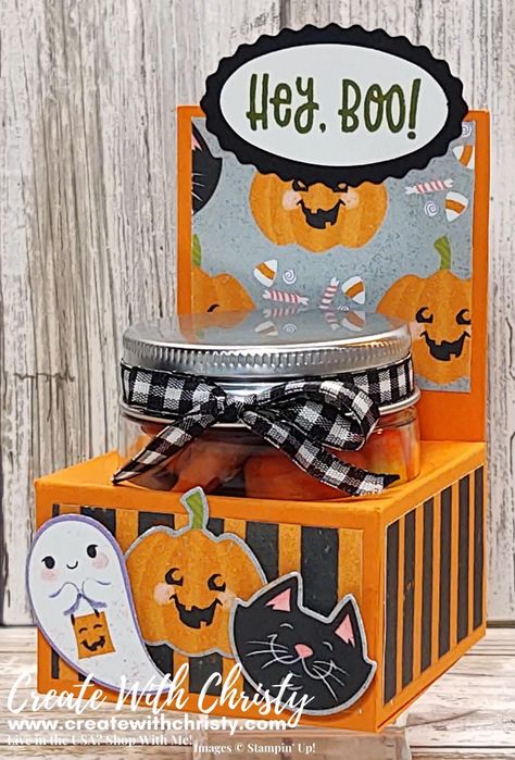 Stampin Up Halloween Treats, Stampin Up Fall 3d Projects, Cricut Halloween Candy Bags, Stampin Up Mini Jam Jars, Stampin Up Cutest Halloween, Treat Jar Ideas, Halloween Treat Boxes Ideas, Stampin Up Halloween Treat Holders, Halloween Gift Box Ideas