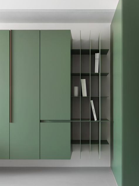 Snap green - Moooten Studio Display Storage Cabinet, Green Wardrobe, Storage Unit Design, Green Shelves, Wooden Wardrobe Design, Study Room Design, Wardrobe Door Designs, Office Cabinet, Office Storage Cabinets