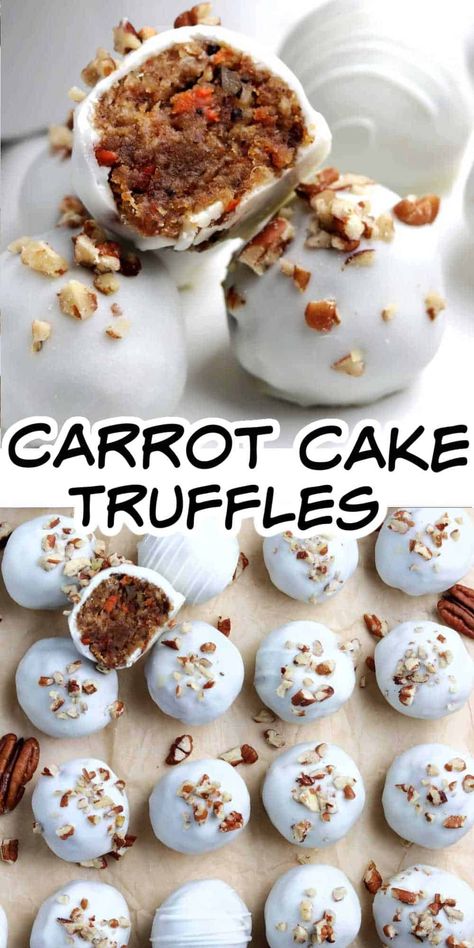 Two photos with a stack of white truffles and also lined up in rows. Thanksgiving Truffle Balls, Carrot Cake Truffle Recipe, Carrot Cake Balls Easy, Cake Balls Decorating Ideas, Fall Cake Balls, Cake Balls Thanksgiving, Spice Cake Truffles, Cake Truffle Balls, Thanksgiving Truffles