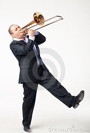 Playing Trumpet Pose, Holding Instrument Drawing Reference, Trombone Photoshoot, Trombone Necklace, Punk Tactics, Playing Trumpet, Guy Poses, Jazz Players, Violin Players