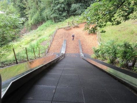 Hillside Slide Diy, Hillside Slide, Autocamp Yosemite, Backyard Slide, Playground Landscaping, Diy Slides, Sledding Hill, Playground Slide, Sloped Yard