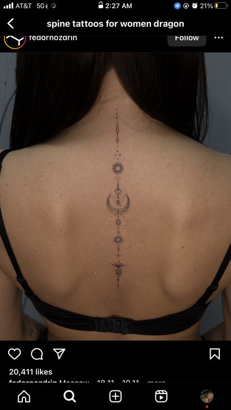 Spine Tattoos For Women Powerful, Back Tattoo Women Spine Astrology, Sjm Spine Tattoo, Spine Tattoos For Women Astrology, Feminine Back Tattoos Simple, Greek Spine Tattoos For Women, Written Spine Tattoos, Fine Line Spinal Tattoo, Mid Spine Tattoos For Women