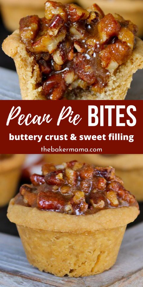 Bite Size Pecan Pie, Holiday Party Food, Pecan Pie Bites, Dessert Thanksgiving, Pecan Filling, Pecan Desserts, Pecan Bars, Pie Bites, Bite Size Desserts