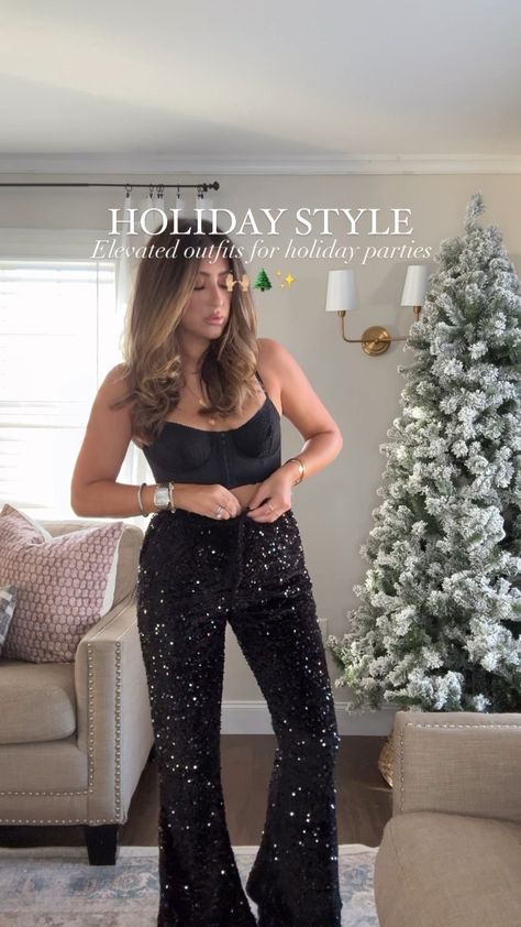 Sequin High Waisted Wide Leg Pants curated on LTK Tassle Pants Outfit, Outfits With Sparkly Pants, Nye Midsize Outfit, Holiday Party Jeans Outfit, Sequin Black Pants Outfit, Outfits With Sequin Pants, Nye Outfits Pants, Sparkly Trousers Outfit, Christmas Party Outfits Pants