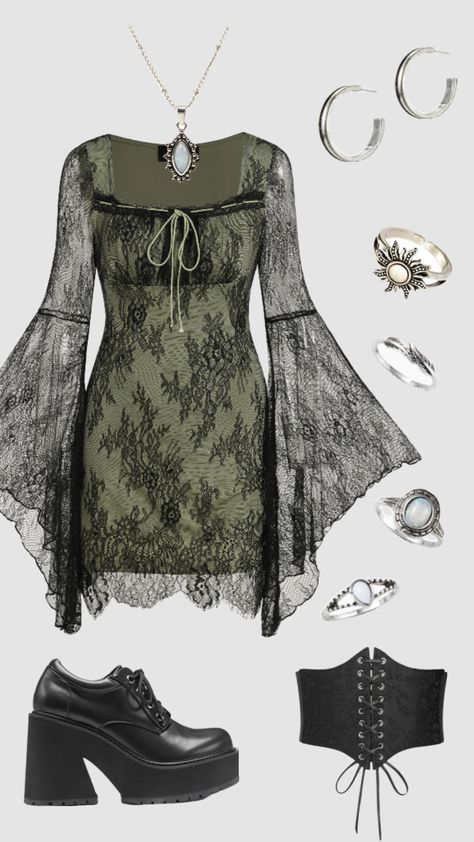 Whimsigoth outfit #outfitinspo #whimsigoth #whimsy #whimsical Whimsi Gothic Outfits, Green Goth Aesthetic, Whimsical Goth Outfits, Whimsy Clothes, Whimsical Outfit Aesthetic, Whimsy Outfit, Green And Black Outfits, Whimsy Goth Outfit, Whimsigoth Clothes