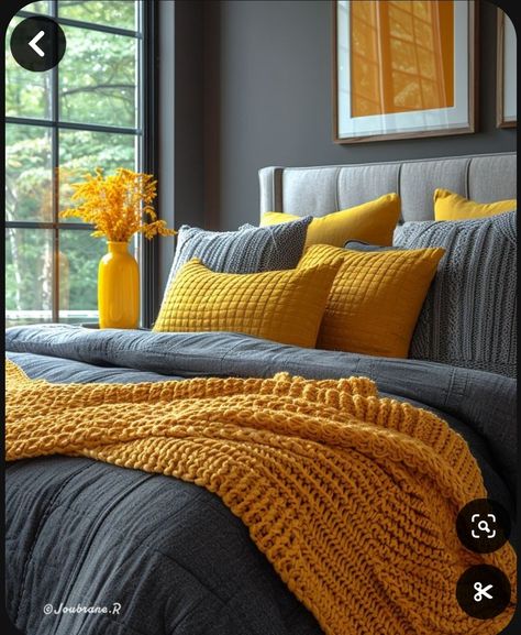 Grey Mustard Bedroom, Grey And Yellow Bedroom Ideas, Grey Yellow Bedroom, Mustard And Grey Bedroom, Yellow And Grey Bedroom, Bedroom Interior Colour, Grey And Gold Bedroom, Mustard Yellow Bedrooms, Small Bedroom Inspiration