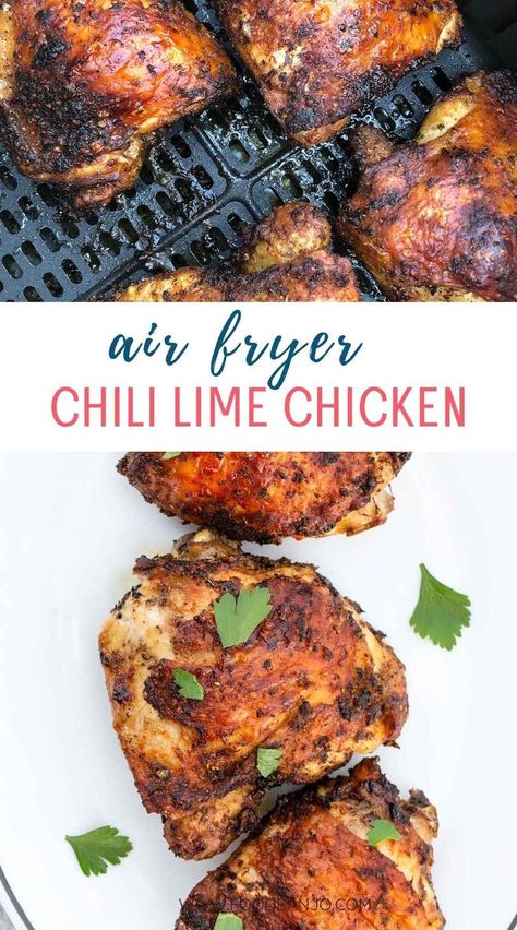 air fryer chicken thighs topped with fresh herbs Air Fryer Chili, Lime Chicken Thighs, Chicken Crisps, Juicy Chicken Thighs, Lime Chicken Recipes, Air Fryer Chicken Thighs, Chili Lime Chicken, Honey Lime Chicken, Chicken Appetizers