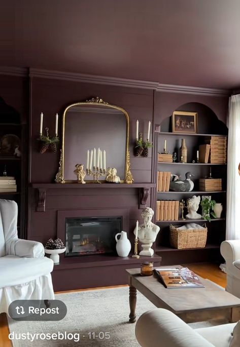 Dark Brown Paint Living Room, Wine Colored Living Room, Plum Accent Wall Living Room, Dark Plum Dining Room, Dark Antique Decor, Moody Plum Living Room, Moody Home Library Ideas, Dark Plum Living Room, Dark Plum Room