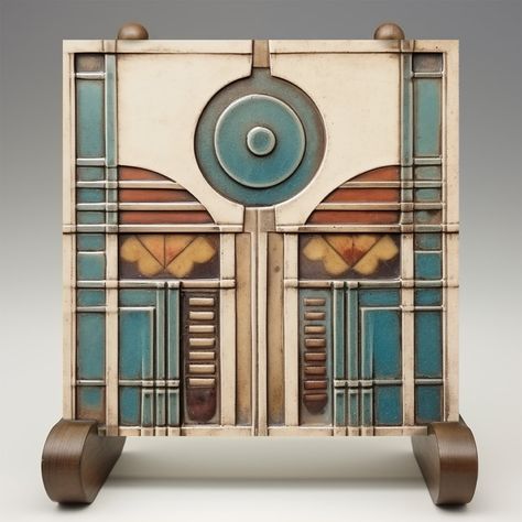 This "Art Deco Fan and Circle Ceramic Print Tile" captures the essence of the Art Deco era with its fan motifs and bold circular centerpiece. The design combines a symphony of teal, tan, and rust hues, harmonized with geometric precision on a creamy canvas. This tile print, though smooth and flat, mirrors the original's depth and texture, making it a striking addition to any room seeking a touch of vintage flair. It's perfect for creating a focal point in your living space, adding an artful back Art Deco Kitchen Tile, Art Deco Mandala, Garden Entrances, Kokopelli Art, Arts And Crafts Interior Design, Craftsman Tile, Art Deco Kitchen, Craftsman Interior, Art Deco Abstract