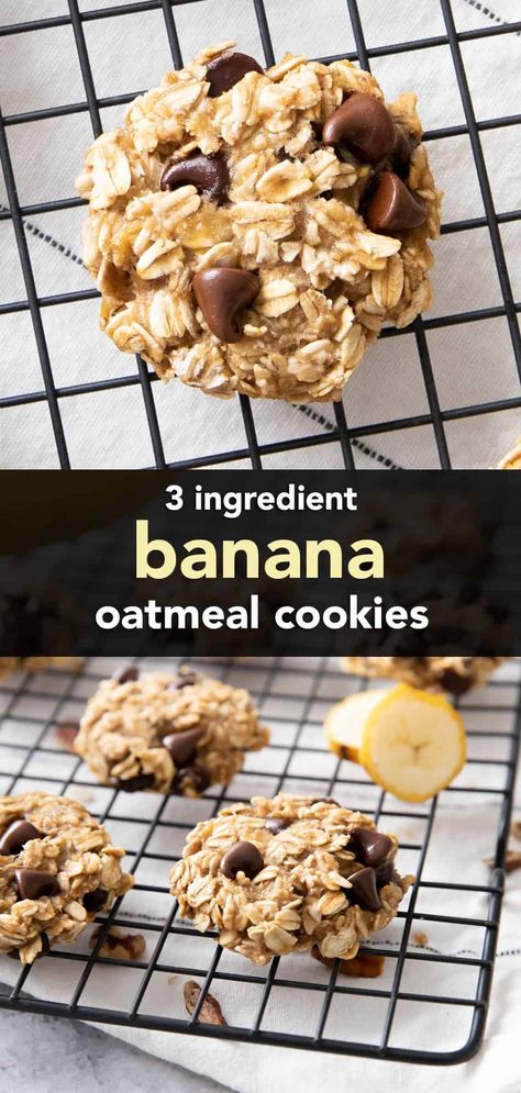 Soft ‘n moist banana oatmeal cookies made with just 3 ingredients, these cookies are healthy, easy to make, and packed with your favorite add-ins! The best 3 ingredient banana oatmeal cookies. | Recipe at BeamingBaker.com 3 Ingredient Banana Cookies, Healthy Oat Cookies, Banana Oatmeal Recipe, Banana Oatmeal Cookies Healthy, Banana Recipes Easy, Banana Cookie Recipe, Banana Recipes Overripe, Banana Oat Cookies, Ripe Banana Recipe