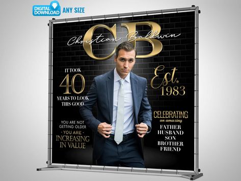 "Custom Men Birthday Backdrop - Magazine Cover Backdrop  - Luxurious Black Gold Design ❗DIGITAL DOWNLOAD❗ --------------------- Transform your cherished memories into timeless treasures with this luxurious backdrop! Whether you're celebrating your loved ones in style or indulging in self-celebration, going big is not selfish; it's generous! Make a statement at your birthday bash with this fabulous and unique backdrop. --------------------- 1️⃣ HOW TO ORDER * Select a design and make your purchas 50th Backdrop Ideas Men, 50th Birthday Banners For Men, Mens 50th Birthday Party Themes, Men’s 50th Bday Decor, 40th Birthday Backdrop For Men, Masculine Birthday Party Ideas, 45 Birthday Party Ideas For Men, Guys Birthday Party Ideas Decoration, 50 Birthday Ideas For Men Decoration