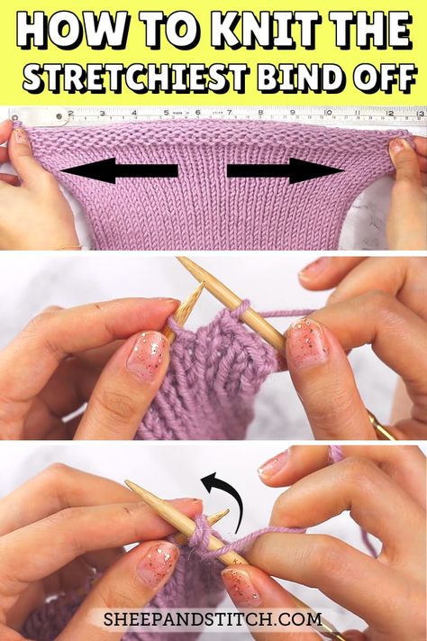 how to knit a stretchy bind off How To Bind Off Loosely In Knitting, Loose Cast Off Knitting, Knitting Stretchy Bind Off, Knitting Finishing Off, Stretchy Bind Off Knitting Tutorials, Loose Bind Off Knitting, Super Stretchy Bind Off, How To Finish Knitting, Knit Stretchy Bind Off