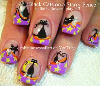 by Robin Moses - Black cats on Starry French! Fence Nails, Maleficent Nails, Youtube Nail Art, Diy Nail Art Tutorial, Robin Moses, Cat Nail Art, Halloween Nails Diy, Nail Art Halloween, Nail Art Pictures