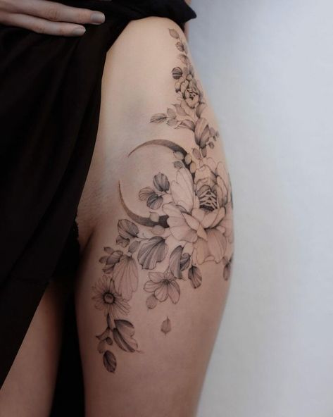 101+ Larkspur July Birth Flower Tattoo Ideas That Will Blow Your Mind! 14 Outsons Larkspur Shoulder Tattoo, Hip Flower Tattoos Women, Larkspur And Water Lily Tattoo, July Birth Flower Tattoo Larkspur, July Tattoo Ideas, Larkspur Flower Tattoos, July Birth Flower Tattoo, Birth Flower Tattoo Ideas, Larkspur Tattoo