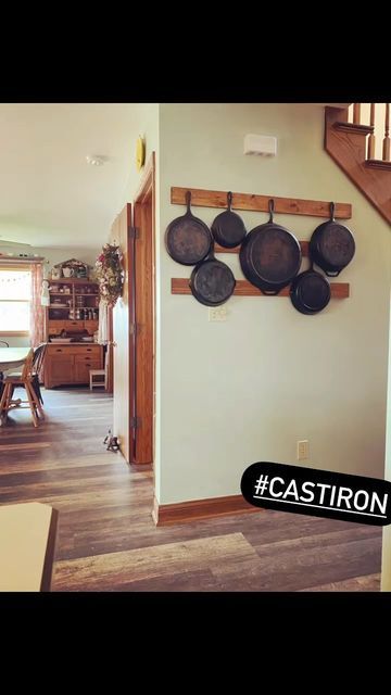 Half Organized Mom on Instagram: "I love my cast iron pans but they take up a lot of room. Wall storage is functional and pretty 🥘 #halforganizedmom #organizedmom #castironpans #castironstorage #wallstorage #functionalandpretty" Cast Iron Rack, Cast Iron Pan Holder, Cast Iron Skillet Wall Hanger, Pots And Pans Wall Storage, Cast Iron Pans On Wall, Storing Cast Iron Skillets, Cast Iron Skillet Hanging Ideas, Hanging Pans On Wall, Cast Iron Wall Storage