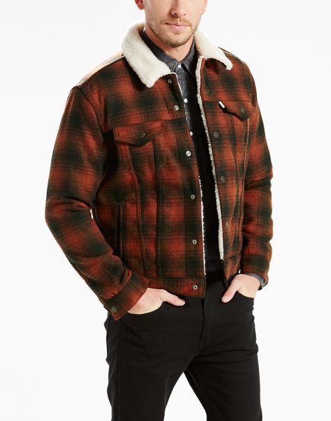 - Levi's® Retro 70s Mens flannel check type 3 Sherpa trucker jacket in burnt henna. - Cool Seventie Trucker Outfit Men, Mens Sherpa Jacket Outfit, Mens Sherpa Jacket, Sherpa Jacket Outfit, Jacket Levis, Trucker Jacket Men, Red Plaid Jacket, Sherpa Trucker Jacket, Mens Sherpa