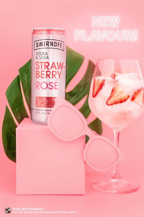 New flavour alert: Smirnoff Vodka & Soda Strawberry Rosé is now available in Canada. Yes way rosé! Soda Commercial, Vodka Flavors, Strawberry Photography, French Coffee Shop, Rose Drink, Vodka Ice, Natural Energy Drinks, Strawberry Rose, Smirnoff Ice