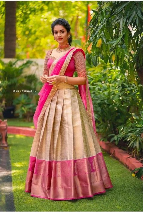 Buy Kanjiveram Silk Lahenga Choli Half Beige Silk Saree Lahenga Online in India - Etsy Fancy Half Sarees, Langa Voni Half Saree, Half Sari, Lehenga Ideas, Silk Half Saree, Simple Frock, Saree Function, Pengantin India, Lehenga Design