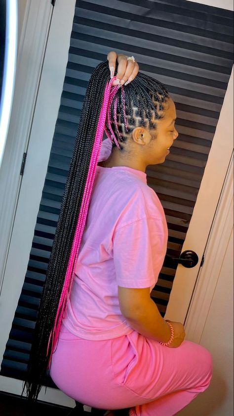 Pink Nd Black Braids, Braided French Braids Black Hair, Pink Peekaboo Highlights Braids, Pink Pikaboo Braids, Pink And Black Peakaboo Braids, Skunk Patch Braids, Peak A Boo Braids Pink, Pink Peekaboo Hair Braids, Hot Pink Braids Black Women