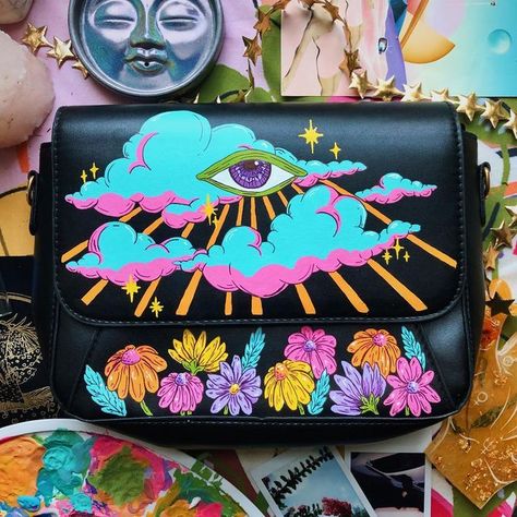 Rosie Moon 🌙 on Instagram: "🧿 The Alexandra Purse 🌸 Hand-painted on vegan leather. #paintedpurse #handbag #trippy #handpainted #thriftflip Mushrooms Trippy, Painted Leather Purse, Hand Painted Leather Bag, Painted Leather Bag, Hand Painted Purses, Painted Handbag, Painted Purse, Paper Quilling Jewelry, Trippy Visuals