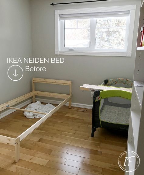 A shared kids guest room makeover for our grandkids on a budget. Grey painted walls, new furniture, and kids decor, plus DIY kids wall art ideas for under $400. Grandkids Guest Room Ideas, Ikea Twin Beds Shared Room, Bedroom For Grandkids, Neiden Bed Frame Hack Kids, Kids Guest Room, Ikea Neiden Bed, Neiden Bed Frame, Neiden Bed, 2 Kids 1 Room Small Spaces