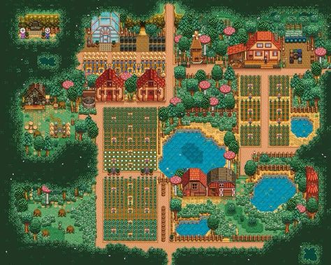 Best Stardew Valley Farms, Stardew Valley Farms Forest, Stardew Valley Switch Farm Layout, Stardew Inspo Farm, Stardew Forest Farm Layout Cute, Stardew Valley Forest Farm Layout Ideas, Sdv Forest Farm Ideas, Stardew Forest Farm Ideas, Stardew Valley Farm Layout Forest Aesthetic