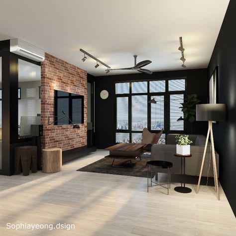 Industrial Theme House, Industrial Theme Living Room, Apartment Design Layout, Industrial Design Living Room, Hdb Interior, Brick Wall Living Room, Theme House, Industrial Theme, Chic Apartment