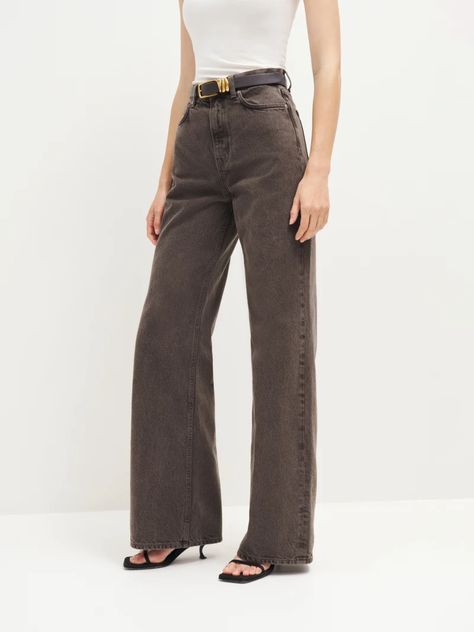 Cary High Rise Slouchy Wide Leg Jeans - Sustainable Denim | Reformation Wide Leg Colored Pants, Pin Outfits, Brown Denim Jeans, Brown Pants Outfit, Reformation Jeans, Sustainable Wardrobe, Jeans With Heels, Brown Jeans, Jean Color