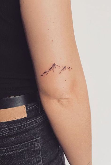 Stay Wild Mountain Tattoo, Mountain Back Of Arm Tattoo, Mountain Tattoo With Shading, Glacier National Park Mountain Tattoo, Mountain Tattoo On Back Of Arm, Mountain Tattoos For Women Forearm, Outside Tattoo Ideas, Small Colorado Tattoo Ideas, First Tatoos Idea Small