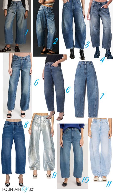 The Best Barrel Jeans for Women Over 50 and How to Style Them - fountainof30.com Jeans For Saddlebags, Style Barrel Jeans, Balloon Leg Jeans Outfit, How To Style Balloon Jeans, Styling Barrel Leg Jeans, Barrel Jeans Outfit Summer, White Barrel Jeans Outfit, How To Style Barrel Jeans, Barrel Jeans Street Style