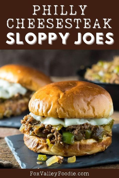 These Philly Cheesesteak Sloppy Joes are not your mom's sloppy joes! This simple recipe is packed with big cheesesteak flavor, tender peppers and onions, and melty cheese in every bite. Reimagining the cheesesteak sandwich as a sloppy Joe cheesesteak allows you to incorporate the flavors you love, with a lot less hassle! Sloppy Joe Cheesesteak Recipe, Philly Cheese Steak Sloppy Joe Sandwich Recipe, Loaded Sloppy Joes, Philly Cheesesteak Sloppy Joes Recipe, Philly Cheesecake Sloppy Joes, Ground Beef Sandwich Recipes For Dinner, Philly Sloppy Joe Recipe, Philly Cheese Steak Sloppy Joes Recipe, Philly Cheese Sloppy Joes