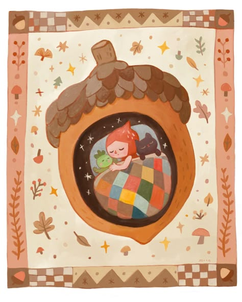 This is the feeling of autumn: finding a safe and warm little corner to curl up in. #autumnvibes #autumnvibes🍁 #auntumncolours #autumncolors #autumnillustration #painting #fallvibes #autumnleaves #drawing #auntumndrawing #acorn #nook Autumn Plants Illustration, Autumn Illustration Art, Ghibli Autumn, Storybook Art Illustrations, Acorn Drawing, Morning Illustration, Cute Halloween Art, Fall Painting Ideas, Acorn Painting